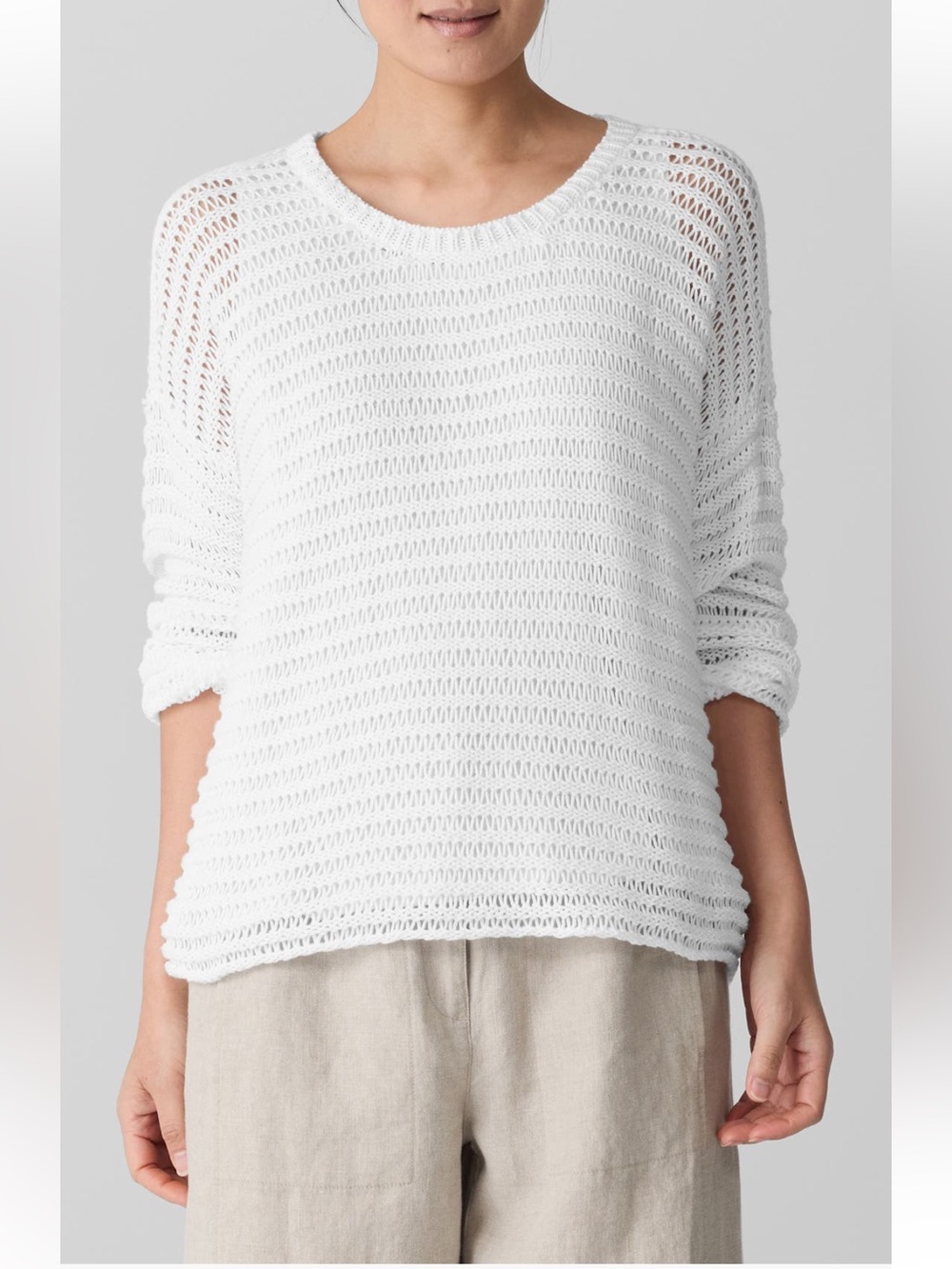 Eileen Fisher White Organic Cotton Crewneck Oversized Sweater